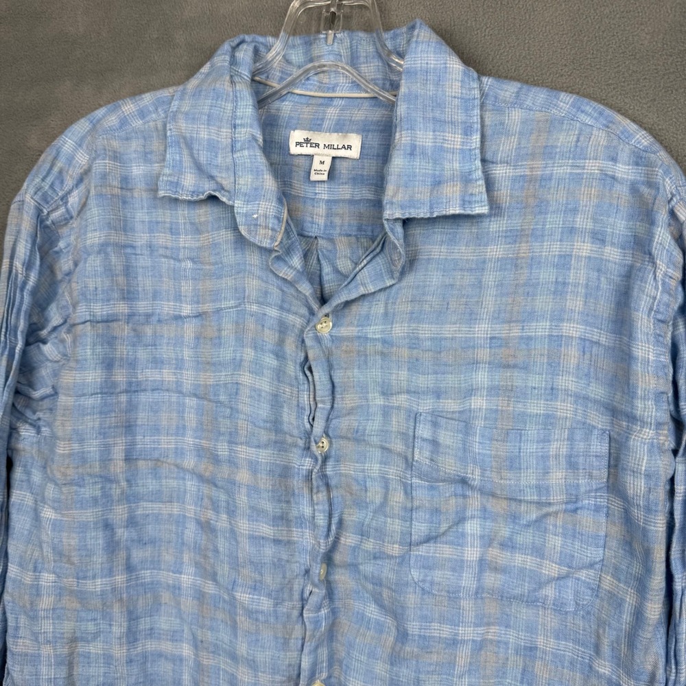 Peter Millar Mens Blue Plaid‎ Linen Long Sleeve Button Up Shirt Size M
